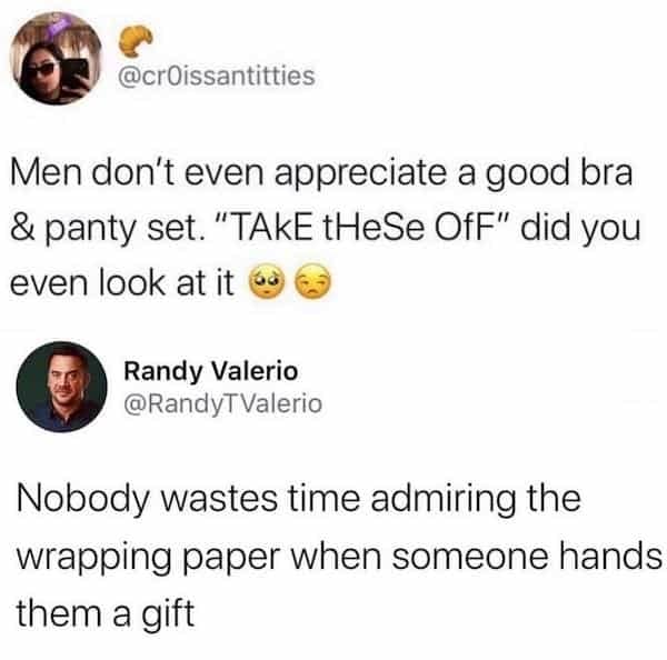 A tweet comparison joke about lingerie vs wrapping paper on a present box.