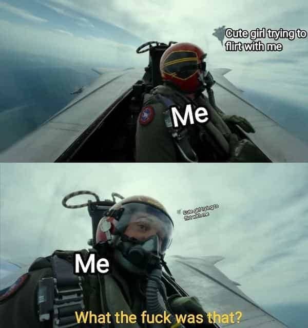 A fighter jet pilot looking completely blindsided by an aerial flyby interaction.