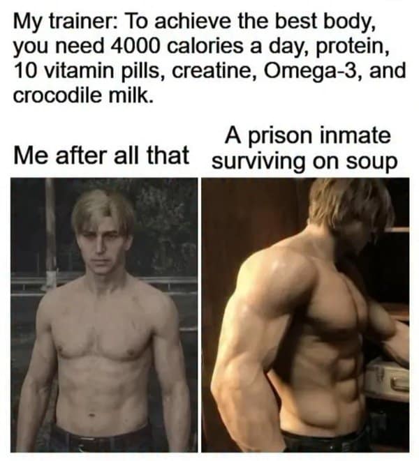 A gym meme split-screen using video game characters to mock expensive supplement stacks, comparing an over-optimized lifter who follows a complex 4000-calorie routine against an impossibly shredded prison inmate who survives solely on institutional soup.