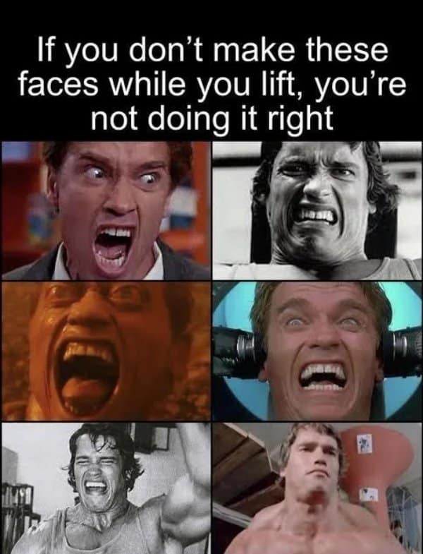 A gym meme featuring a six-panel compilation of Arnold Schwarzenegger executing various high-intensity strain faces, under the text: "If you don't make these faces while you lift, you're not doing it right".