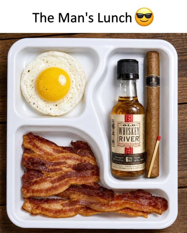Humor piece displaying a tray filled with bacon, an egg, whiskey, and cigar.