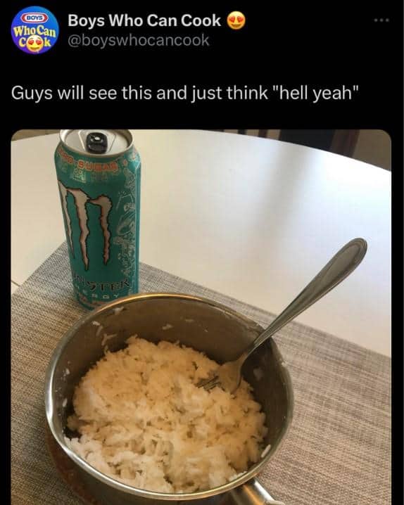 Social media post of a pot of white rice next to a Monster Energy.