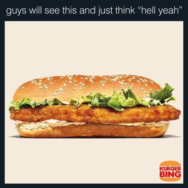 Mock Burger King advertisement featuring a long chicken sandwich under text Kurger Bing.