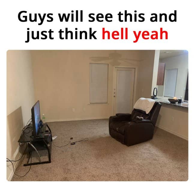 Relatable meme of a minimalist apartment room with only a TV and armchair.