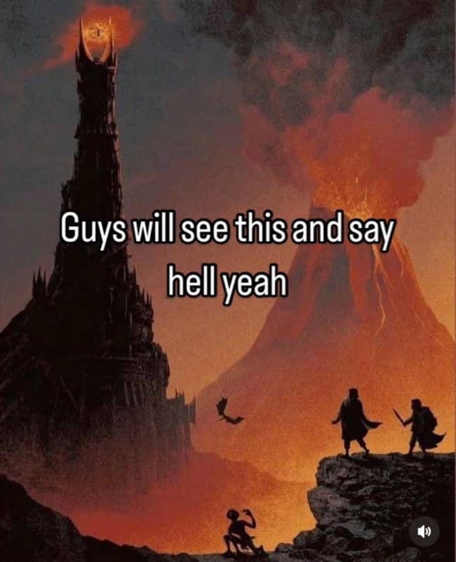 Lord of the Rings meme showing Mount Doom and Barad-dur tower landscape.