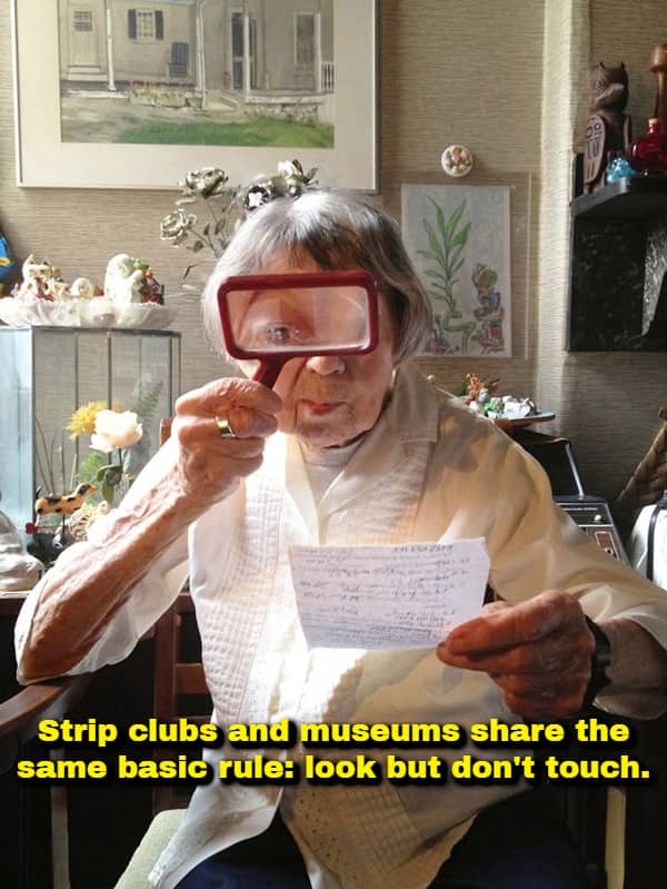 Funny shower thought meme comparing the strict rules of museums and adult clubs.