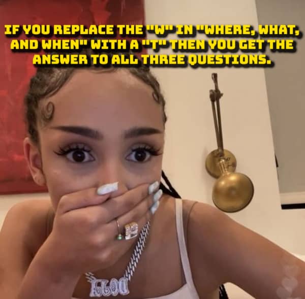Mind-blowing shower thought meme about changing letters in question words to get answers.
