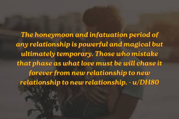 A couple hugging at sunset with text explaining that chasing the honeymoon phase prevents real love.