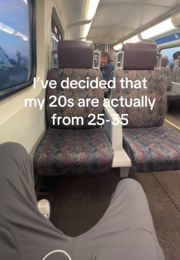 Point-of-view shot sitting on a train with text claiming your 20s are actually from 25 to 35.