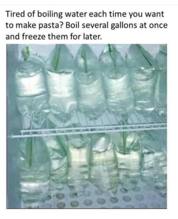 Freezer shelves completely packed with plastic bags filled with frozen water for a pasta shortcut.