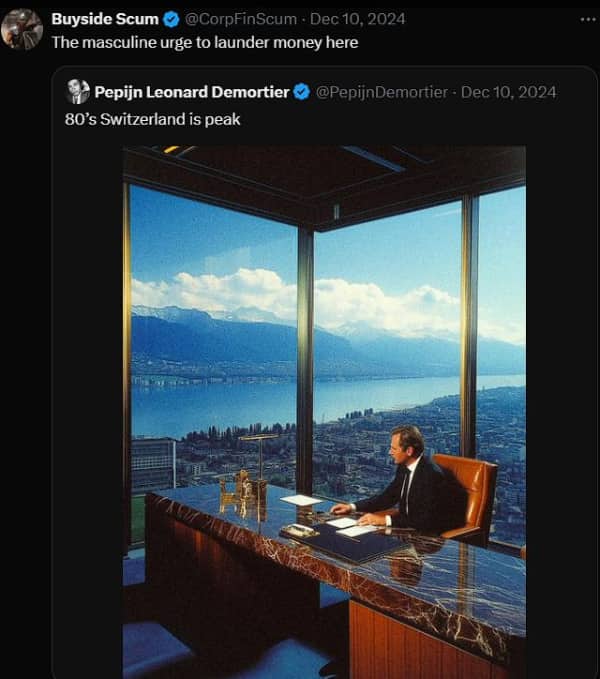Retro photo of a businessman at a marble desk in Switzerland overlooking a massive mountain lake.