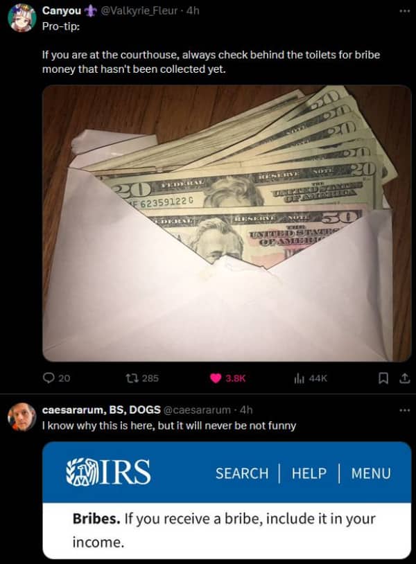An envelope of cash next to an official IRS webpage screenshot instructing people to report bribes.