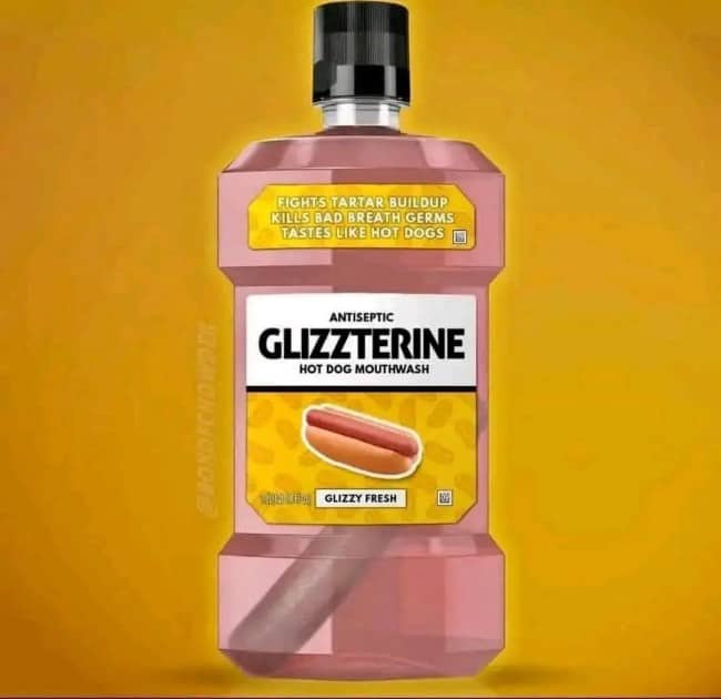 Cursed product concept meme featuring a bottle of hot dog flavored Glizzterine mouthwash.