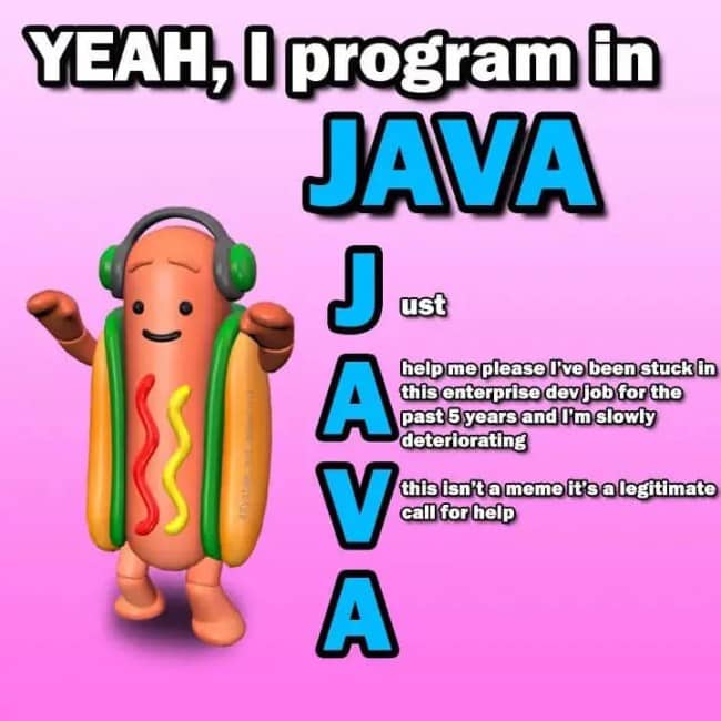 Programming humor image with a dancing hot dog character explaining the acronym for Java.