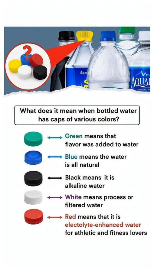 consumer awareness chart styled as an interesting infographic detailing the hidden meanings behind bottle cap colors on commercial water bottles, tracking classifications like flavor-added green caps, all-natural blue caps, alkaline black caps, filtered white caps, and electrolyte-enhanced red caps.
