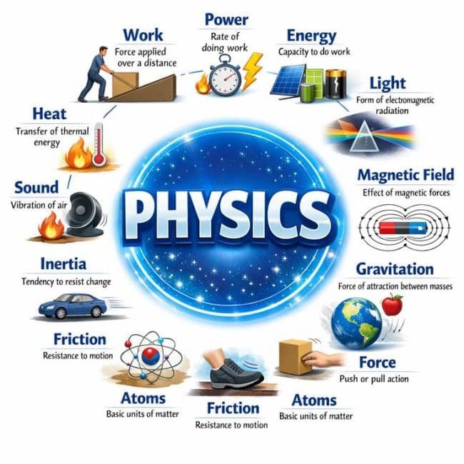 A scientific educational wheel operating as an interesting infographic centered on "PHYSICS," diagramming foundational concepts like heat transfer, kinetic work, power rates, magnetic fields, gravitation forces, inertia, and atomic structures, with several duplicate labels.