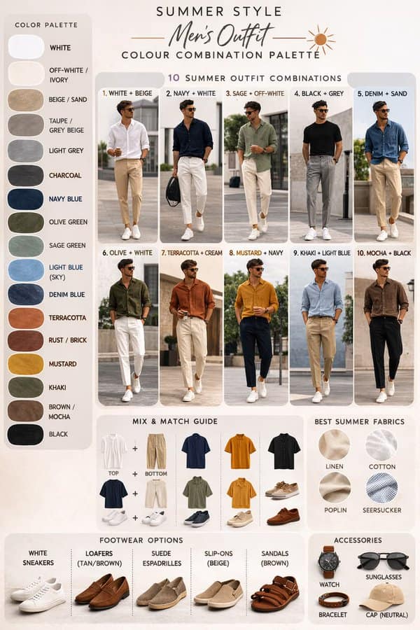A comprehensive men's wardrobe reference layout acting as an interesting infographic titled "SUMMER STYLE - Men's Outfit - COLOUR COMBINATION PALETTE," detailing ten minimalist capsule color combinations alongside fabric types, seasonal footwear options, and standard accessories.