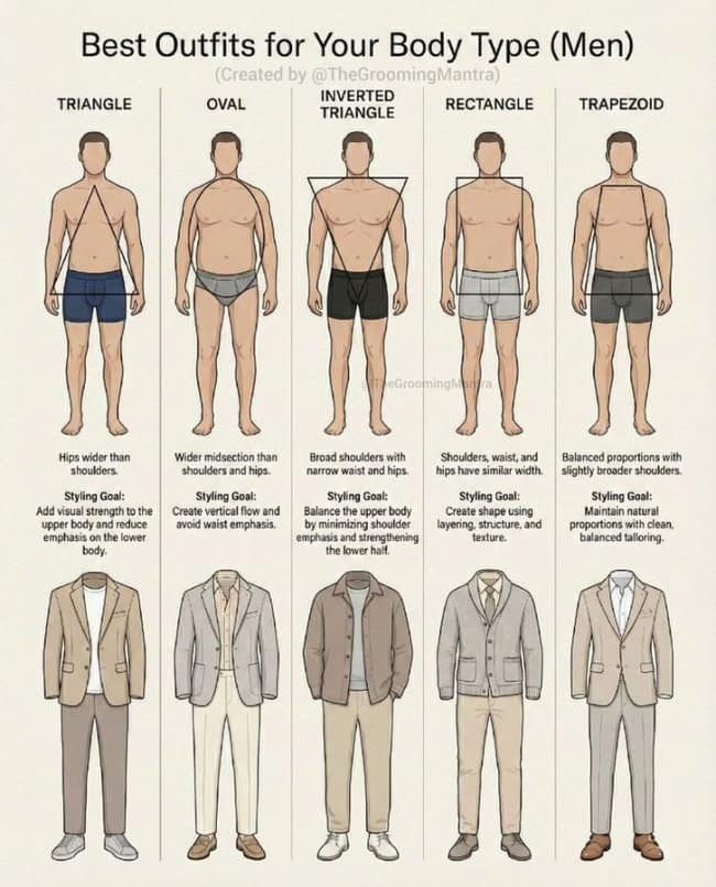 A male fashion anatomy sheet organized as an interesting infographic titled "Best Outfits for Your Body Type (Men)," categorizing five baseline male shapes—Triangle, Oval, Inverted Triangle, Rectangle, and Trapezoid—with explicit tailoring recommendations and suited styling goals.