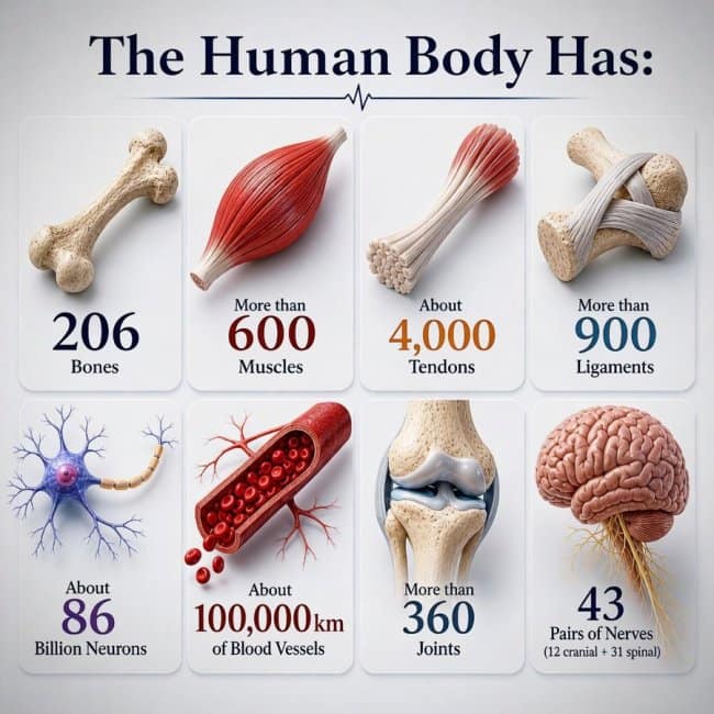 An interesting infographic medical data poster titled "The Human Body Has:", detailing explicit anatomical counts and clean 3D renderings for 206 bones, over 600 muscles, 4,000 tendons, 900 ligaments, and 86 billion neurons.