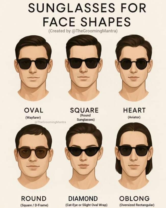 A geometric grooming style guide working as an interesting infographic titled "SUNGLASSES FOR FACE SHAPES," pairing six distinct facial silhouettes—Oval, Square, Heart, Round, Diamond, and Oblong—with their optimal eyewear shapes like Wayfarers, Aviators, and D-Frames.