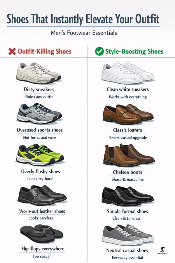 A binary styling analysis arranged as an interesting infographic titled "Shoes That Instantly Elevate Your Outfit," contrasting a left-hand column of "Outfit-Killing Shoes" like dirty or overly flashy sneakers against a right-hand column of "Style-Boosting Shoes" featuring clean white trainers, classic loafers, and Chelsea boots.
