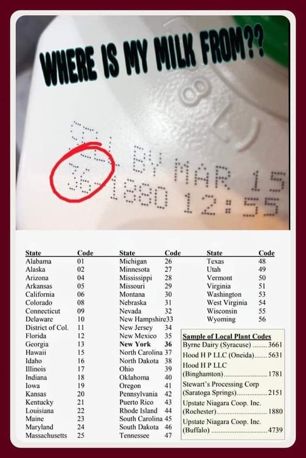 A culinary transparency tracker operating as an interesting infographic titled "WHERE IS MY MILK FROM??," displaying a close-up product validation photo of a dairy carton stamp, paired with a reference database mapping numerical codes directly to US states and processing facilities.