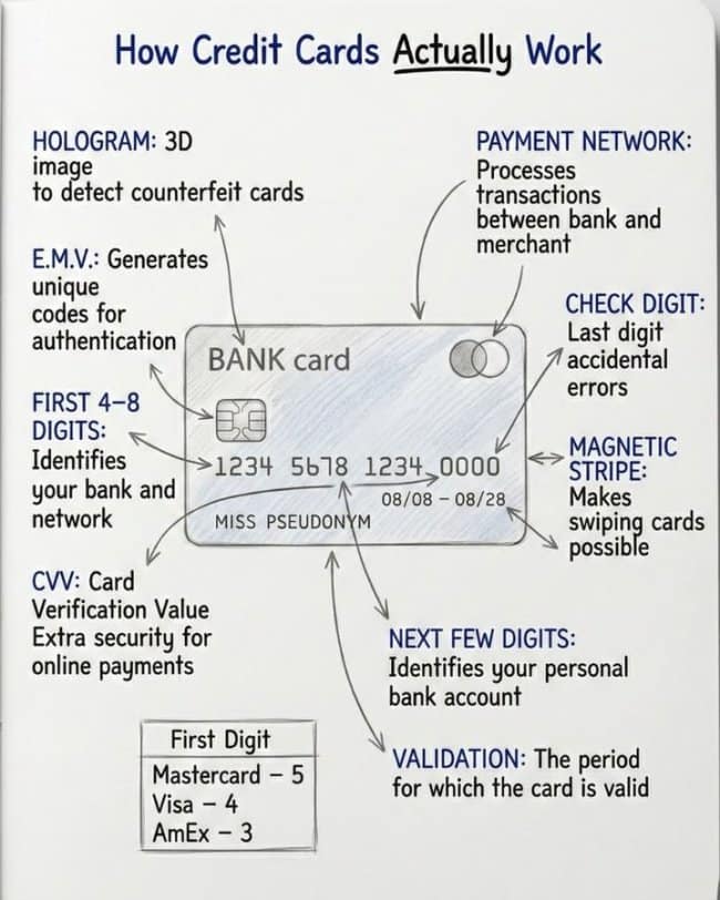 financial hardware system layout drafted as an interesting infographic titled "How Credit Cards Actually Work," utilizing a notebook sketch approach to isolate and explain core credit card features including embedded EMV security chips, payment verification networks, CVV validation windows, and magnetic strips.