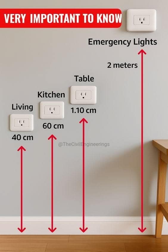 A technical installation diagram working as an interesting infographic titled "VERY IMPORTANT TO KNOW," specifying recommended standardized installation heights for electrical wall outlets across living rooms, kitchens, tables, and emergency lights, containing a notable measurement typo labeling 1.10 meters as "1.10 cm".