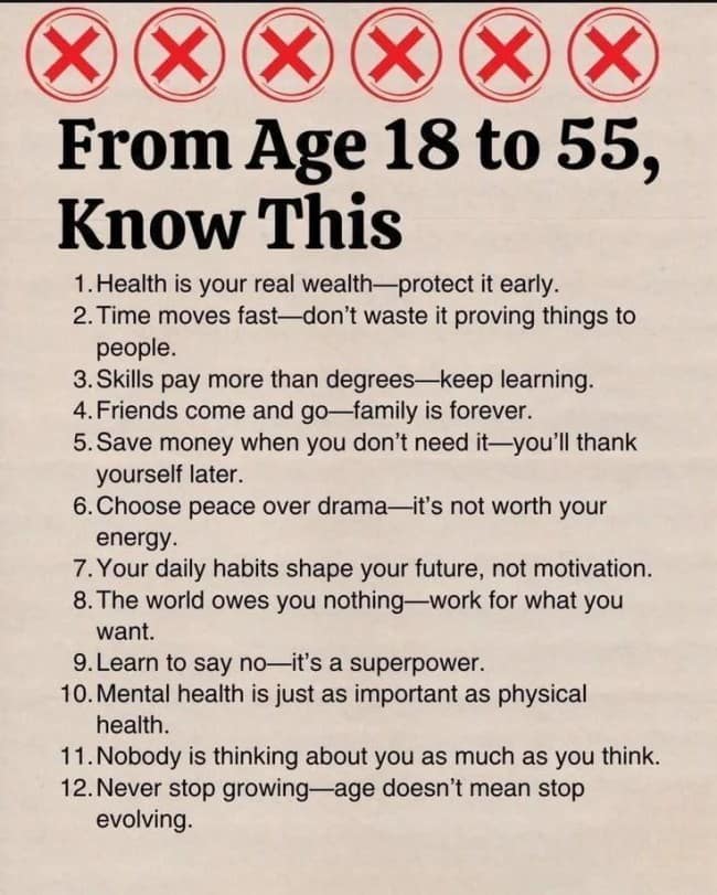 A text-based motivational interesting infographic compiling twelve adult life lessons under the headline "From Age 18 to 55, Know This," topped by a row of six red stamped circle-X icons.