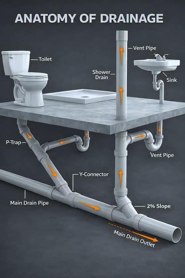 A transparent plumbing blueprint working as an interesting infographic titled "ANATOMY OF DRAINAGE," tracing subterranean wastewater lines from residential toilets, showers, and sinks down through P-traps, vent pipes, Y-connectors, and sloped main drain pipes.