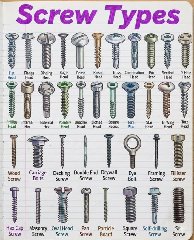 A detailed hardware reference sheet presented as an interesting infographic titled "Screw Types," mapping out rows of illustrated fasteners to identify head patterns and drive recesses like flat head, phillips head, torx plus, square recess, carriage bolts, and masonry screws.