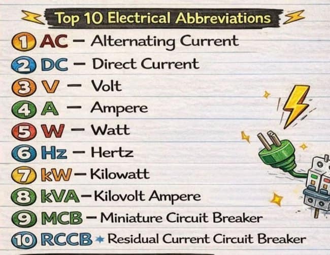 A reference study sheet organized as an interesting infographic listing the "Top 10 Electrical Abbreviations," laying out clear, colorful badge definitions for common industry terms including AC, DC, Volt, Ampere, Watt, Hertz, and circuit breakers.