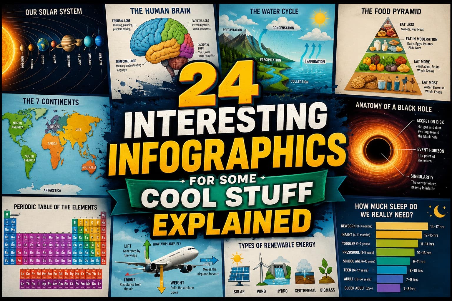 An expansive visual reference library celebrating the educational value of an interesting infographics, front-loading a multi-colored swimwear safety chart demonstrating garment visibility in open lake water versus swimming pools, a college major economic graph creatively rendered as a stack of colorful textbook spines, and a step-by-step wilderness survival graphic showing how to measure remaining daylight before sunset using parallel fingers against the horizon.