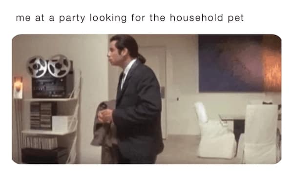 A pop-culture mashup serving as a relatable introvert meme pairs the iconic green-screen image of a confused John Travolta from Pulp Fiction looking around an empty modern living room with the text, "me at a party looking for the household pet."