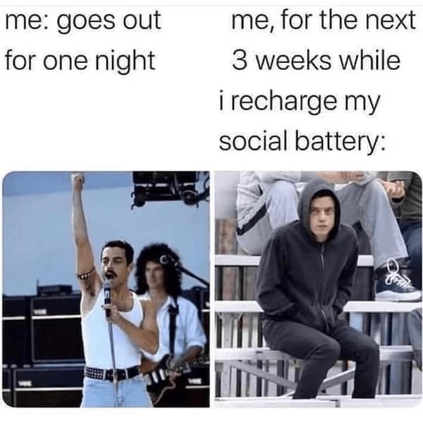 A social-energy introvert meme using a two-panel contrast of actor Rami Malek, showing him performing dynamically on stage as Freddie Mercury labeled "me: goes out for one night" versus sitting completely shut down in a dark hoodie as Elliot Alderson labeled "me, for the next 3 weeks while i recharge my social battery."