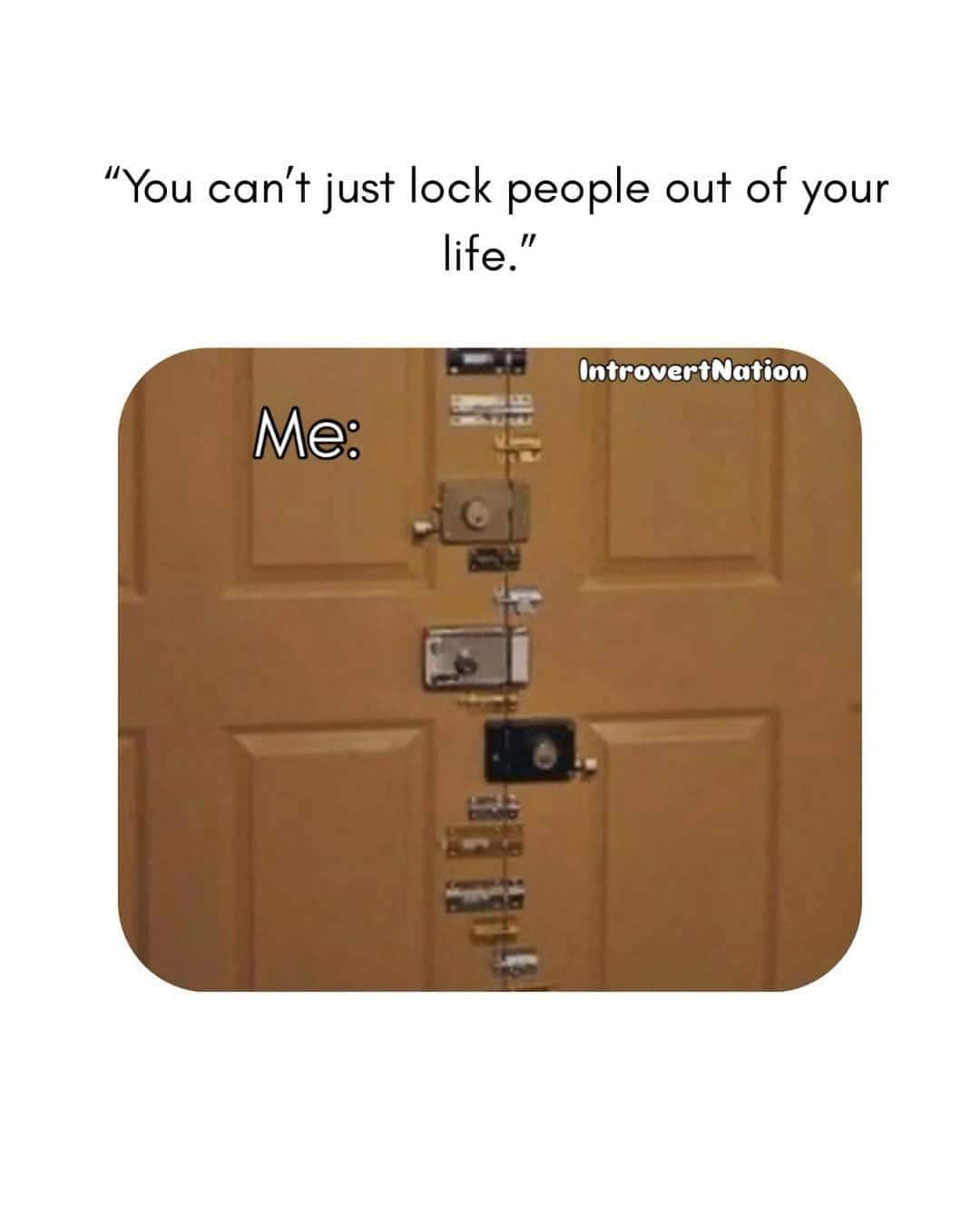 Humorous image of a closed wooden apartment door secured by over a dozen physical deadbolts.