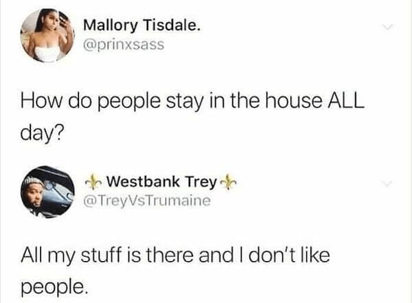 A straightforward social media screenshot acting as an introvert meme captures a user asking how anyone stays home all day, met with a brilliantly blunt response from user Westbank Trey stating, "All my stuff is there and I don't like people."