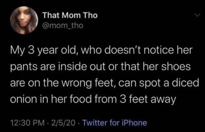Social media post about a three-year-old child expertly spotting tiny diced onions in food.