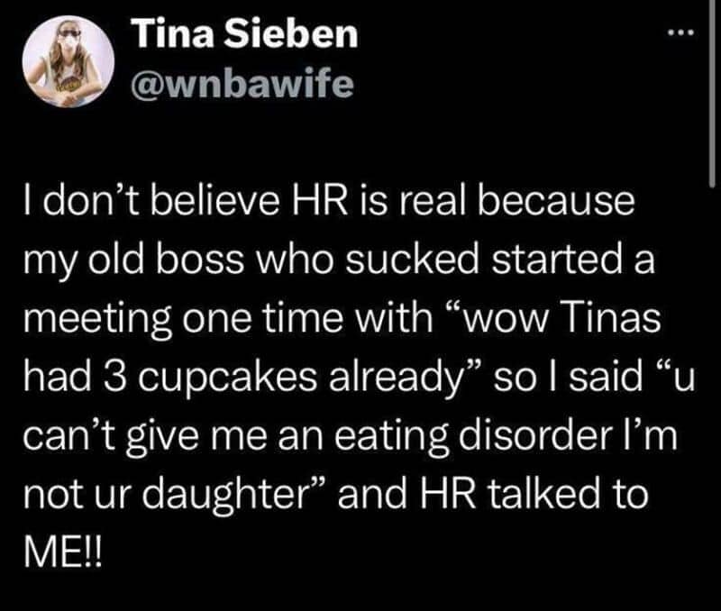 Text post detailing a workplace HR incident triggered by a sassy comeback about eating cupcakes.