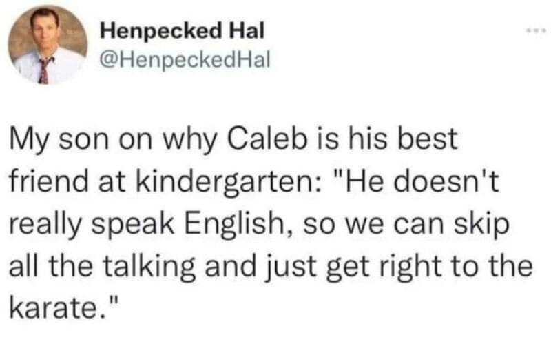 Wholesome tweet about a kindergarten kid explaining his silent, karate-focused friendship with a classmate.