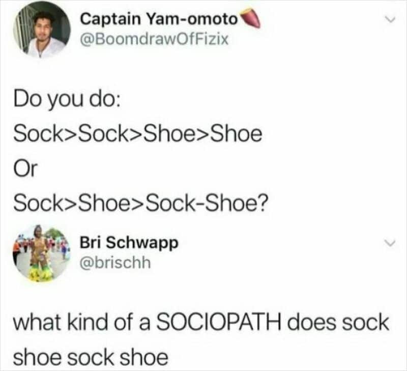 Debate post questioning whether people put on their socks and shoes sequentially or altogether.