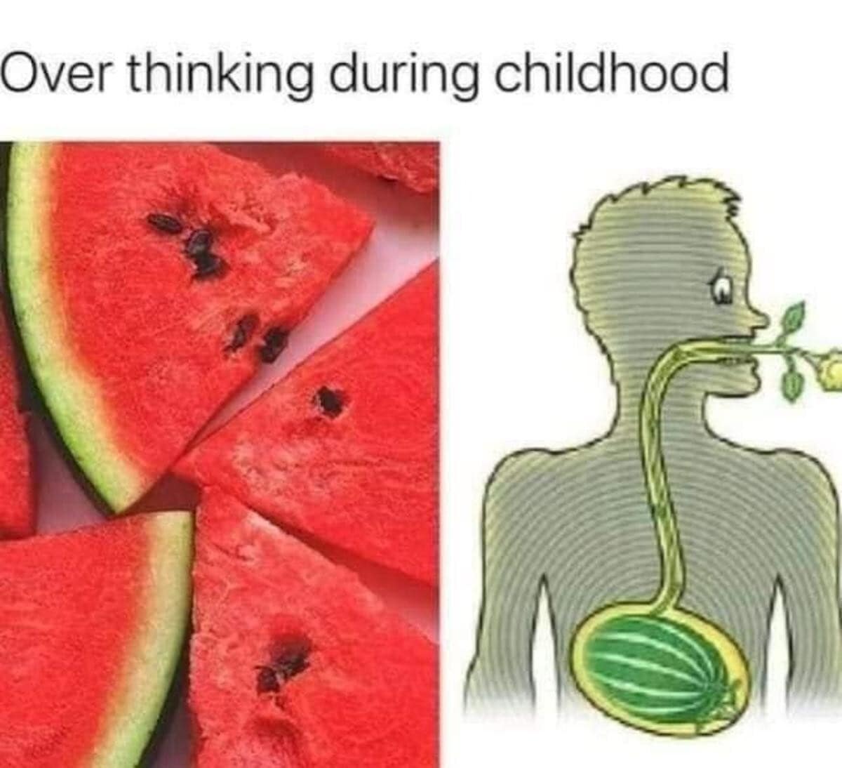 nostalgic childhood anxiety graphic, popular in any meme dump, features the text "Over thinking during childhood" above an image of watermelon slices on the left and a medical-style illustration of a human silhouette on the right, showing a swallowed seed growing into a full watermelon inside the stomach with green vines trailing up the throat and out of the mouth.