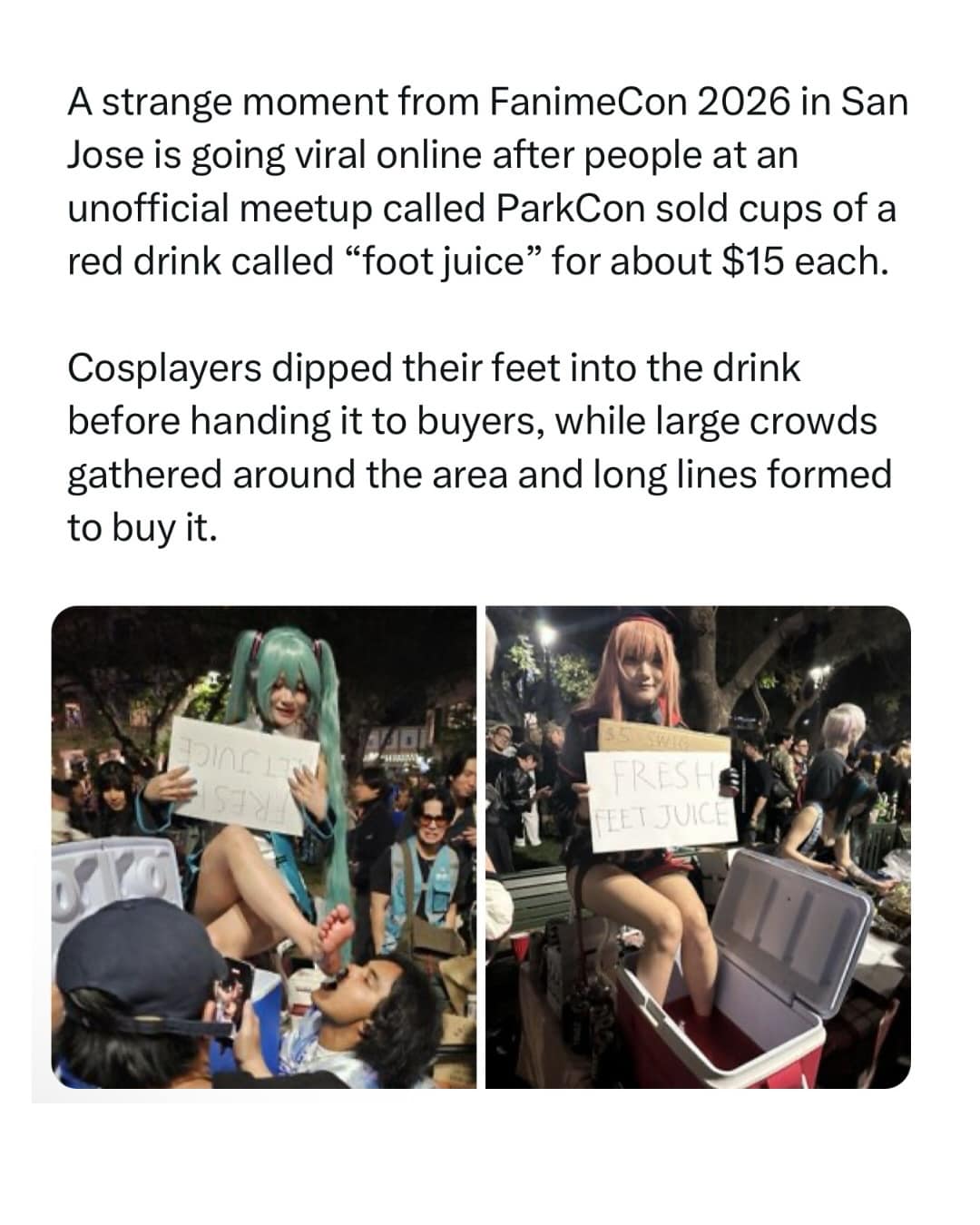 Two-panel news reporting graphic detailing a bizarre "foot juice" incident at FanimeCon 2026 with cosplayers inside an online meme dump.