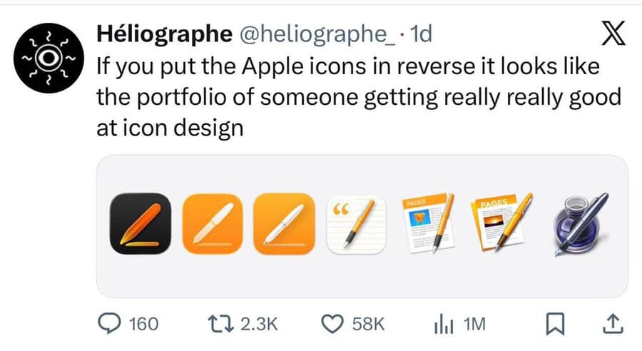 A design critique post from a popular meme dump displays a tweet showing Apple's writing and document app icons arranged in reverse chronological order, creating the optical illusion of a designer's portfolio progressively improving into hyper-detailed realism.