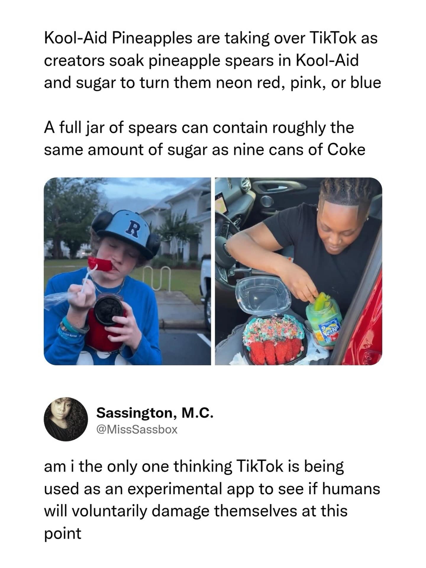 TikTok food trend summary graphic outlining "Kool-Aid Pineapples" with a critical quote tweet text block in a meme dump.