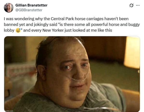 A cinematic close-up frame from The Whale featured in a funny meme layout, capturing Brendan Fraser’s tearful, intensely emotional expression to illustrate New Yorkers reacting to questions about an all-powerful horse and buggy lobby.