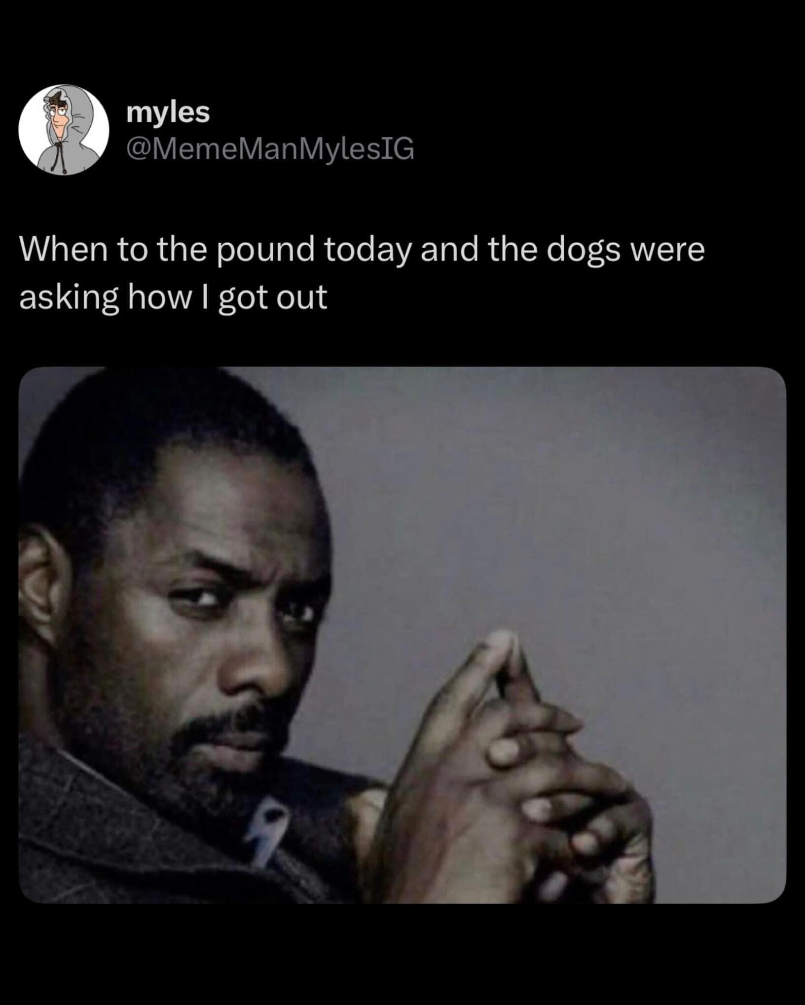 Idris Elba looking intensely thoughtful inside a text tweet screenshot layout within a funny meme dump.