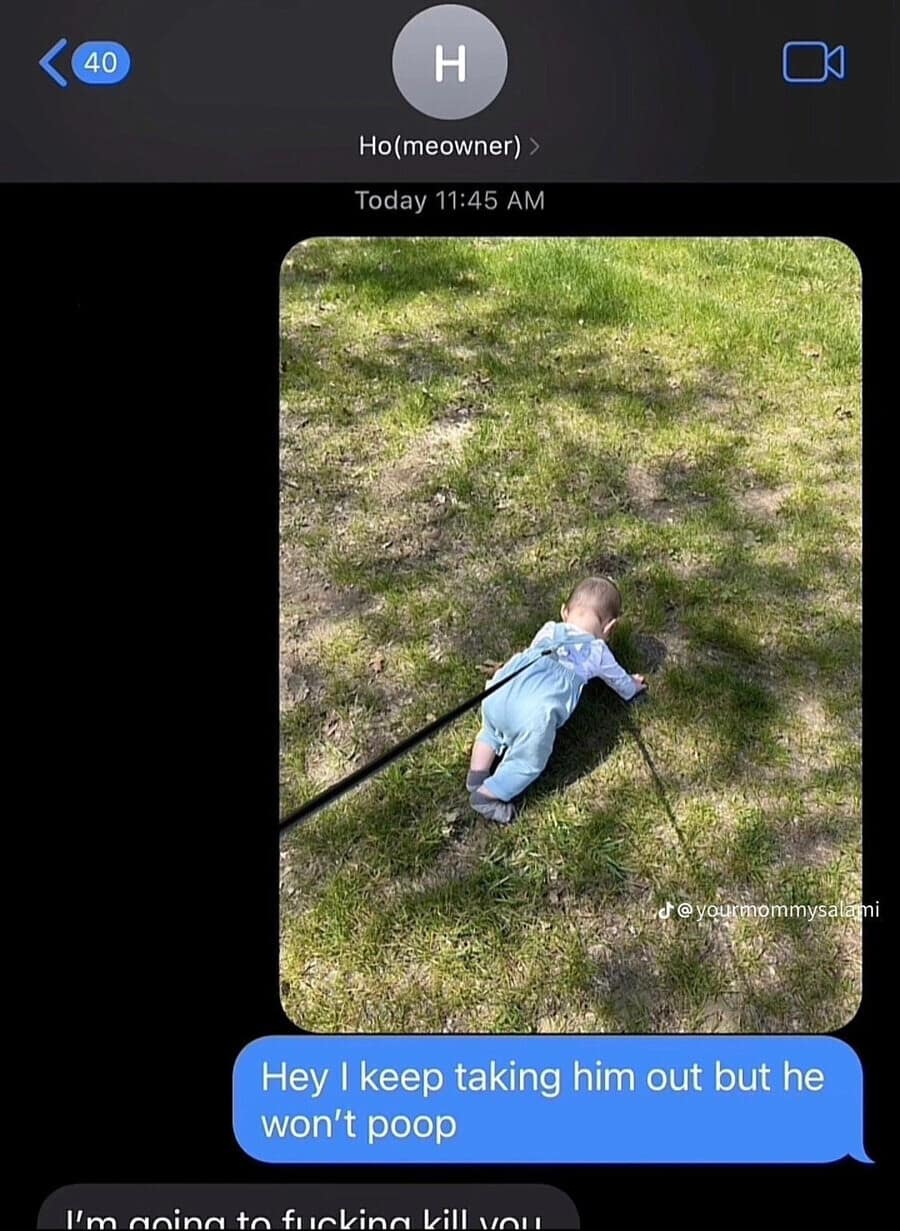 A humorous iMessage chat screenshot from a meme dump showing a human baby in blue overalls crawling across the lawn while attached to a long retractable dog leash, sent with the caption: "Hey I keep taking him out but he won't poop".