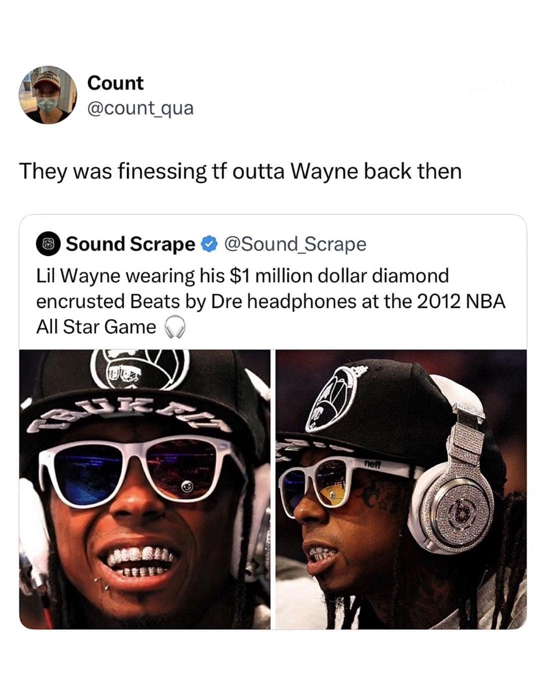 Twitter screenshot in a meme dump showing Lil Wayne wearing diamond-encrusted Beats by Dre headphones at the 2012 NBA All-Star Game.