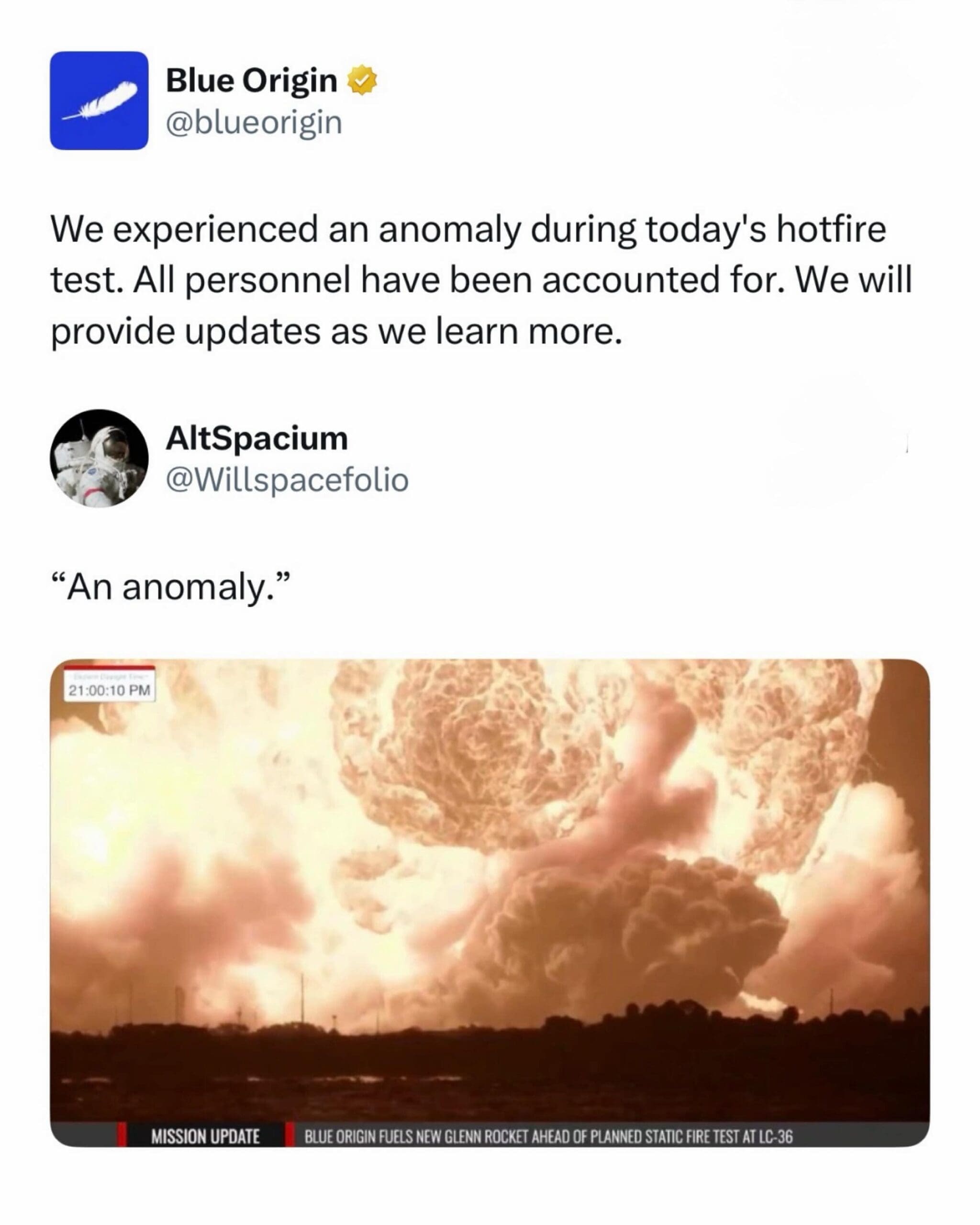 A corporate public relations critique featured in a meme dump contrasts a sanitized, calm corporate update from Blue Origin announcing a minor "anomaly" during a hotfire test against a terrifying photo of a colossal, apocalyptic fireball engulfing the launch pad.